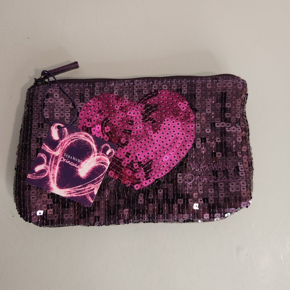 Princess Vera Wang Womens Purple Heart Sequin Shiny Makeup Bag Toiletry Case NWT